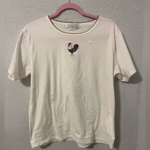 Casual White Short Sleeve Tee with Rooster Embroidery